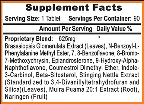 Supplement facts label for a tablet containing a proprietary blend of natural extracts. Each container holds 90 servings.