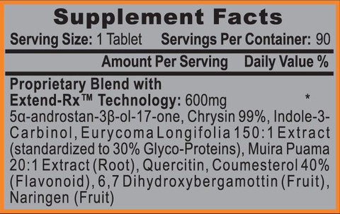 Supplement facts highlighting serving size, servings per container, and the proprietary blend including Chrysin 99%, Eurycoma Longifolia extract, and others.