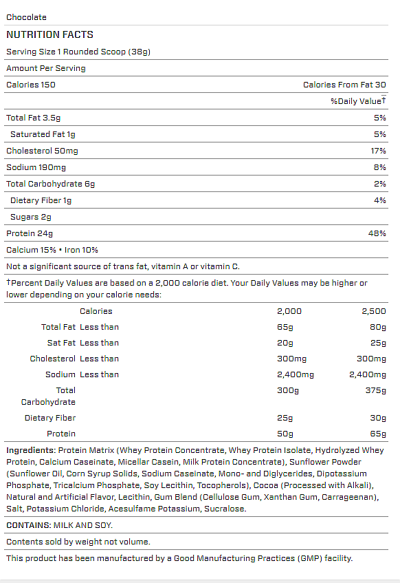 Chocolate nutrition facts for a 38g serving size showing 150 calories, 3.5g total fat, 50mg cholesterol, 190mg sodium, 6g total carbs, and 24g protein.