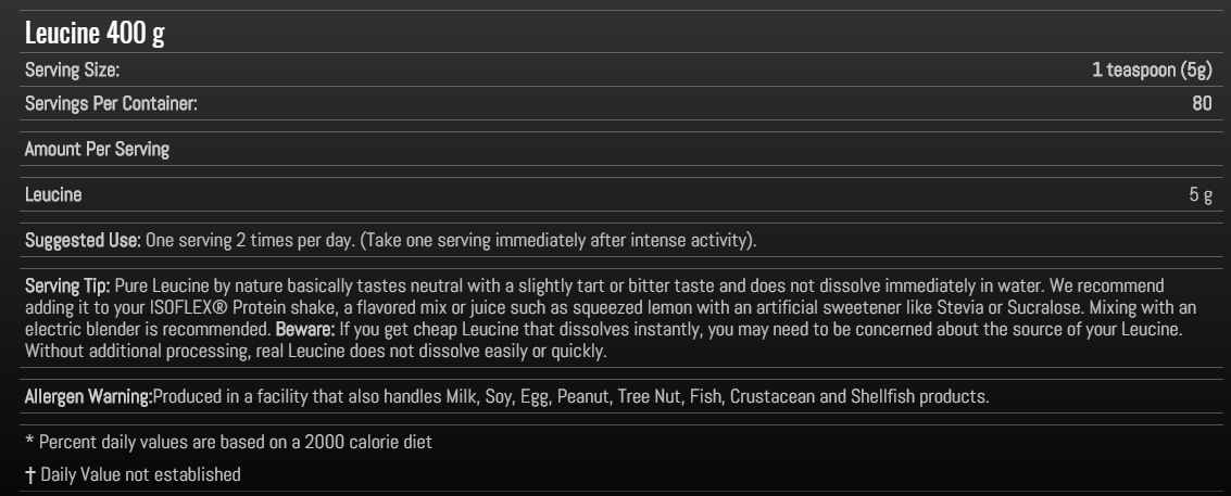 Leucine dietary supplement information including serving size, suggested use, and mixing recommendations. Contains allergen warning.