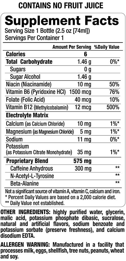 Nutrition facts for a 2.5 oz supplement drink containing caffeine, vitamins, electrolytes, and artificial flavors. No fruit juice included.