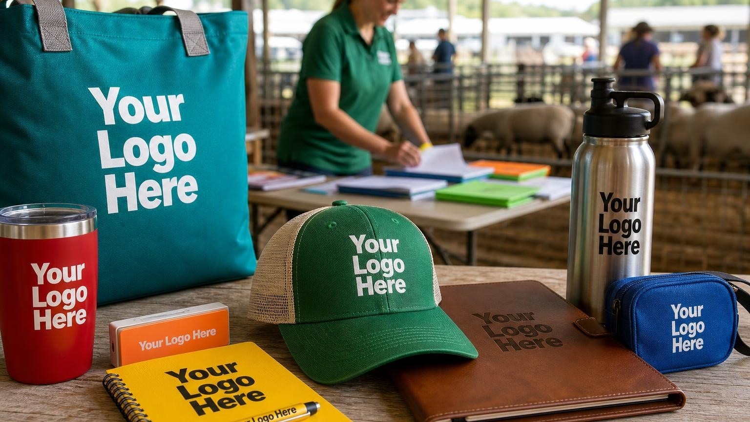 A custom green mesh-back cap and leather portfolio on a wooden table inside a fairground pavilion, with a coordinator organizing registration packets in the background.