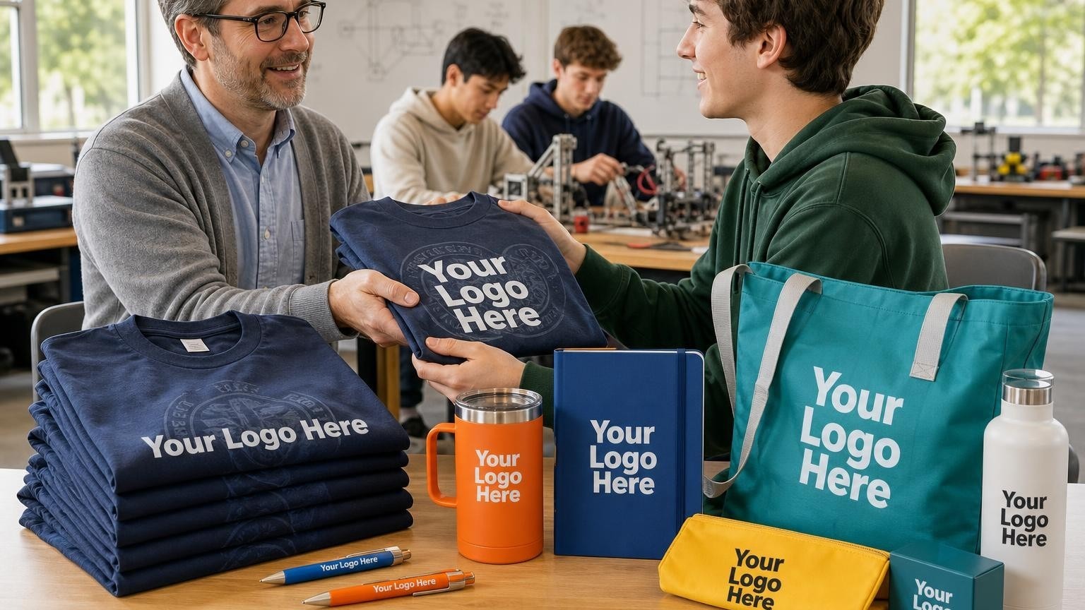 Custom team t-shirts and personalized pencils on a classroom table during academic competition prep.