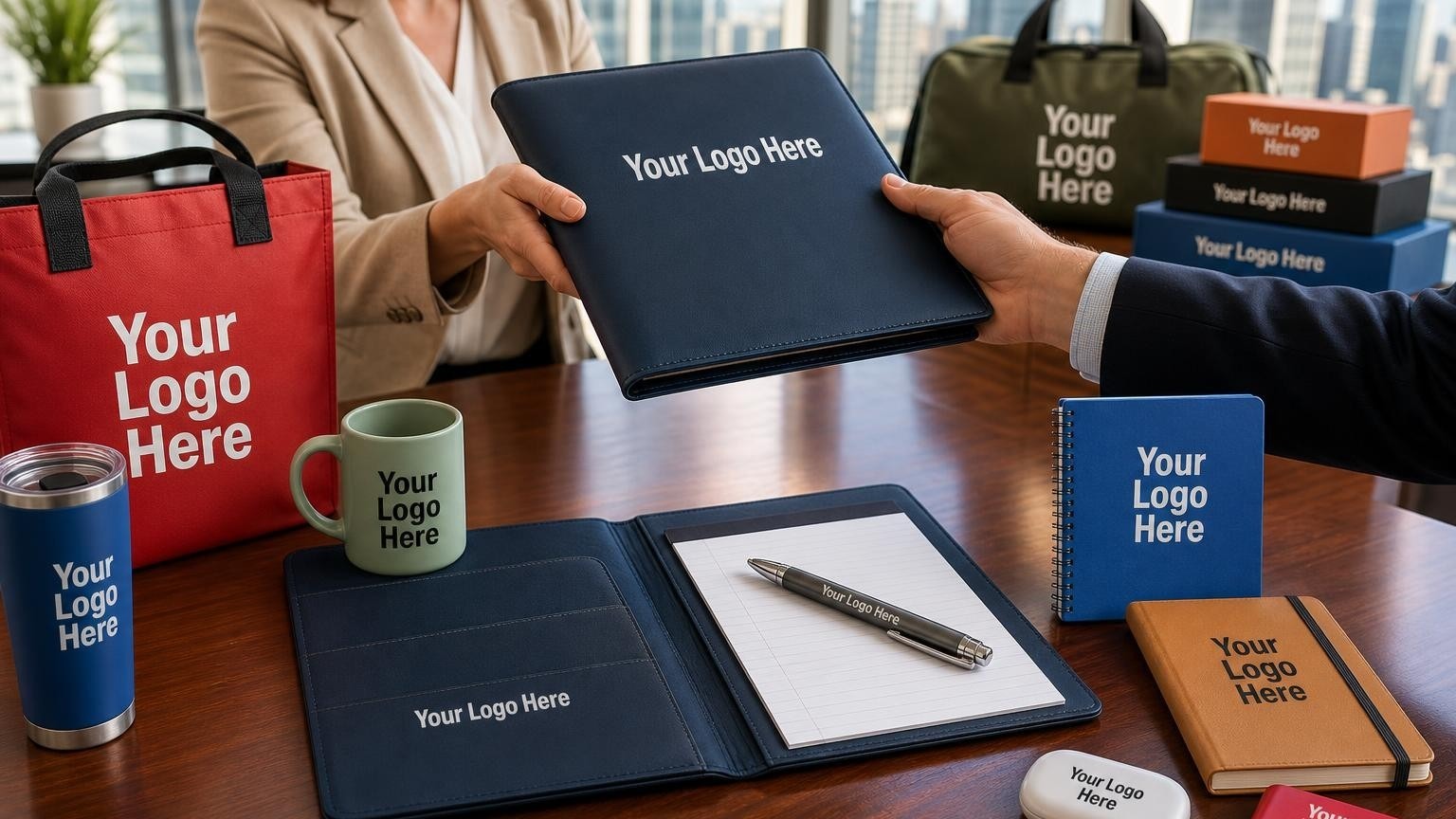 An executive leatherette portfolio and gunmetal pen resting on a cherry-wood desk in an accounting association office.
