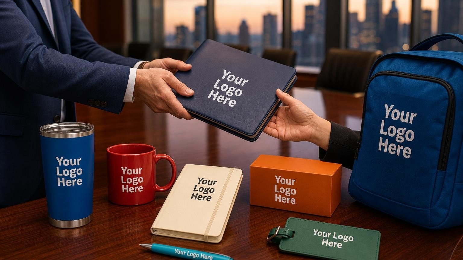A professional dark charcoal portfolio and a matte black metal pen on a polished mahogany boardroom table in a corporate office.