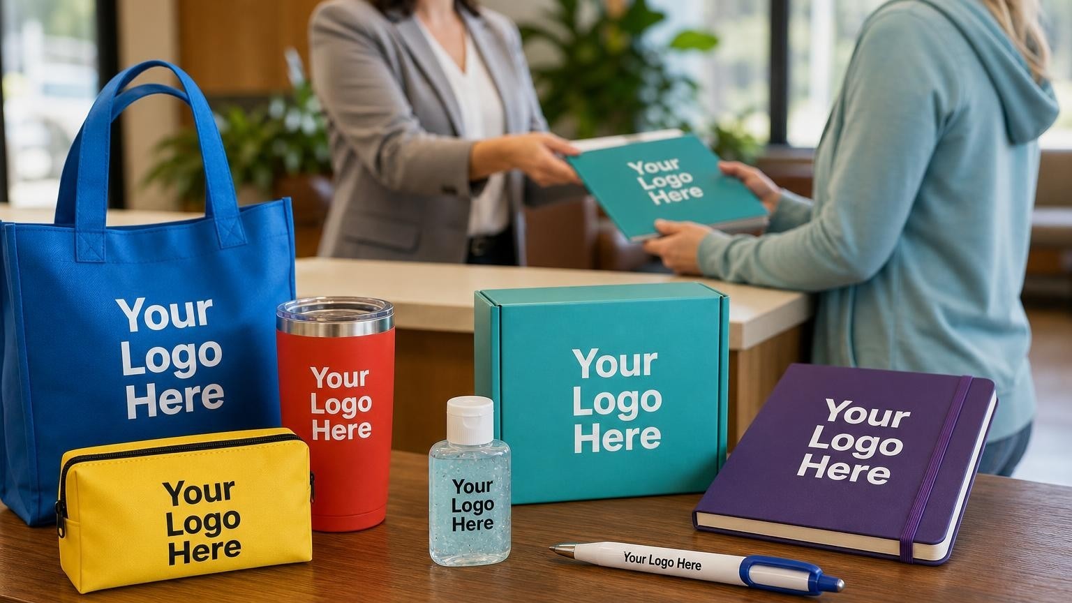 Custom hand sanitizer and safety-compliant plastic pen on an intake desk in a warm, professional addiction treatment center lobby.