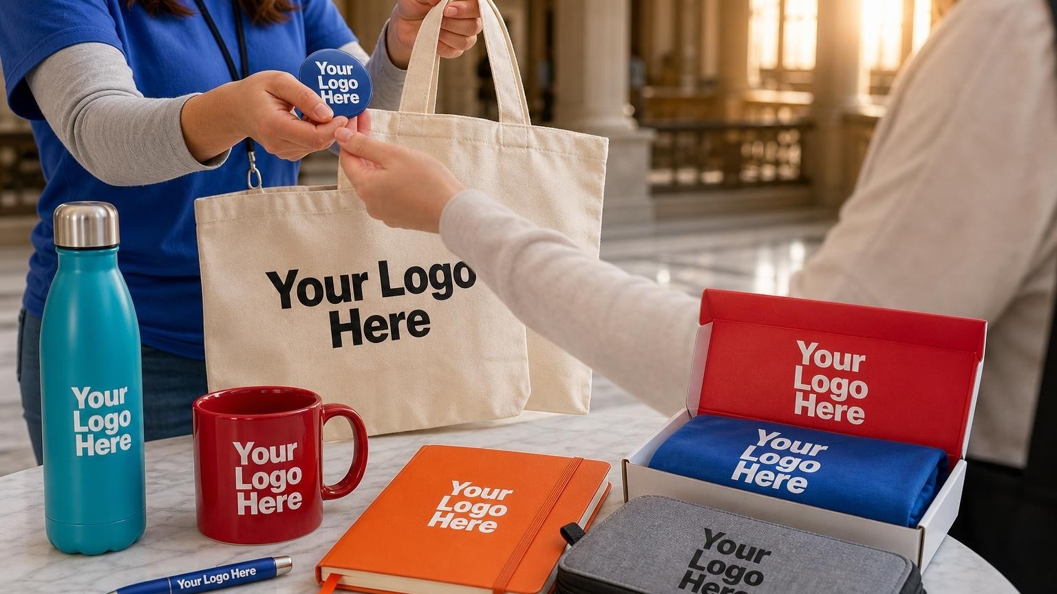 A volunteer coordinator handing a custom campaign button and a soft canvas tote bag to a volunteer in a statehouse rotunda.