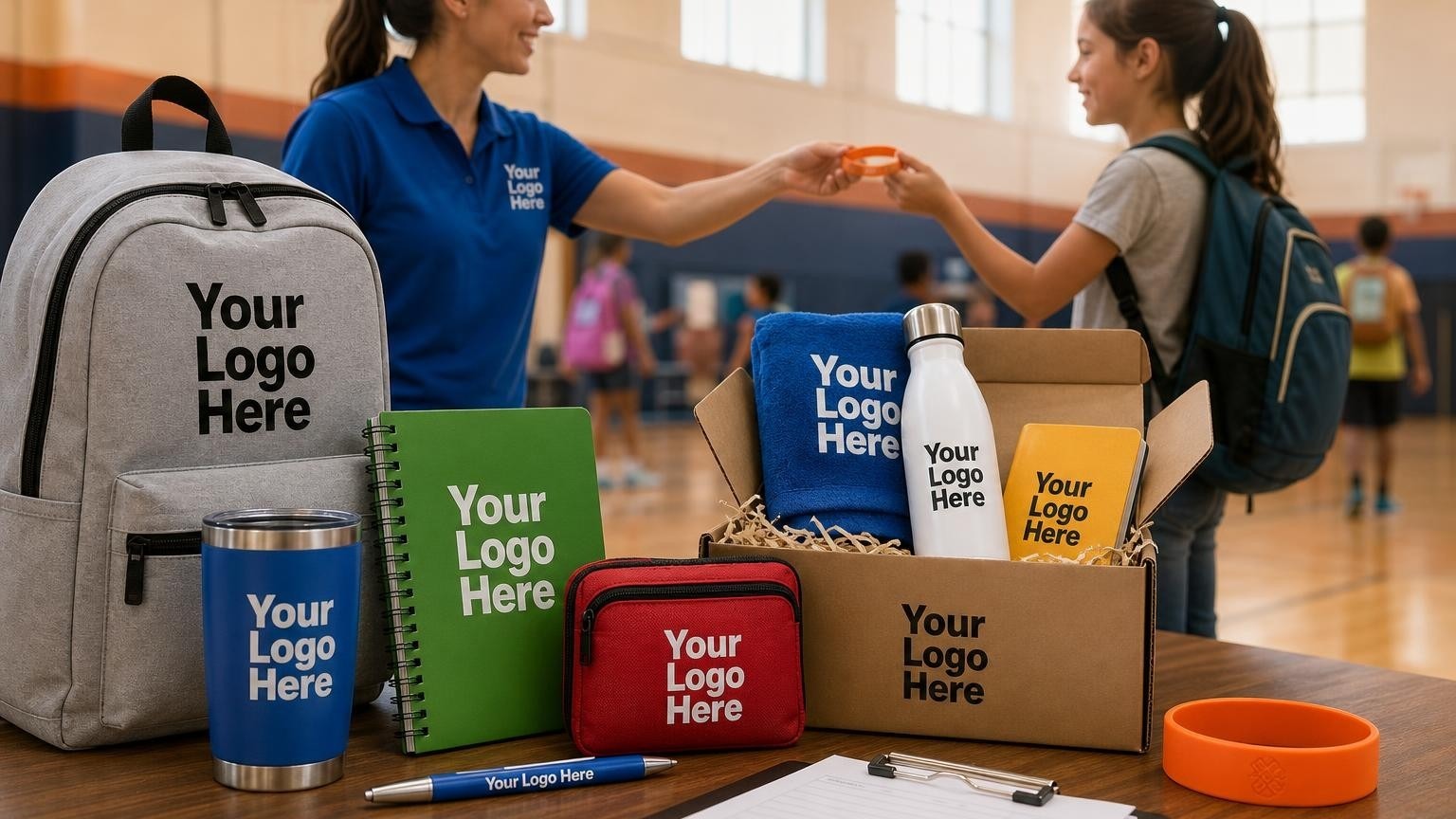 A custom silicone wristband on a registration table in a school gymnasium during after-school pickup.