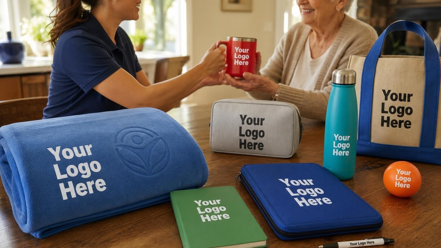 A custom fleece blanket and wellness planner on a kitchen table during a home-care coordinator visit with a senior.