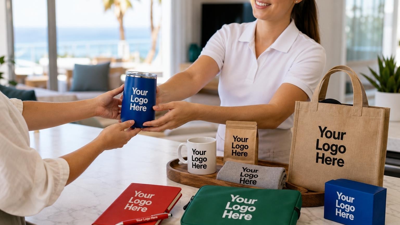 A housekeeper placing a custom ceramic coffee mug onto a welcome tray on a kitchen island in a modern vacation rental.