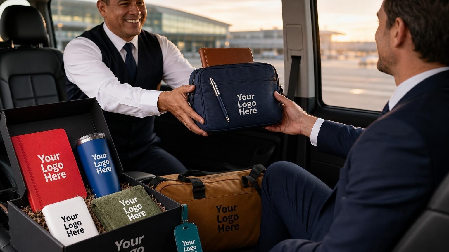 A professional driver handing a custom travel tech pouch to a corporate passenger inside a clean airport shuttle.