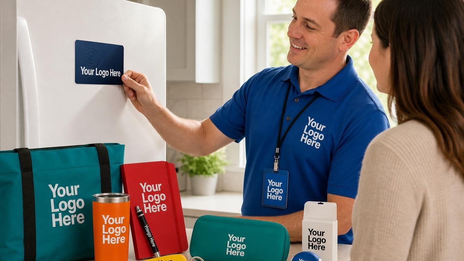 A professional security technician placing a branded emergency contact magnet on a kitchen refrigerator during a system hand-off.