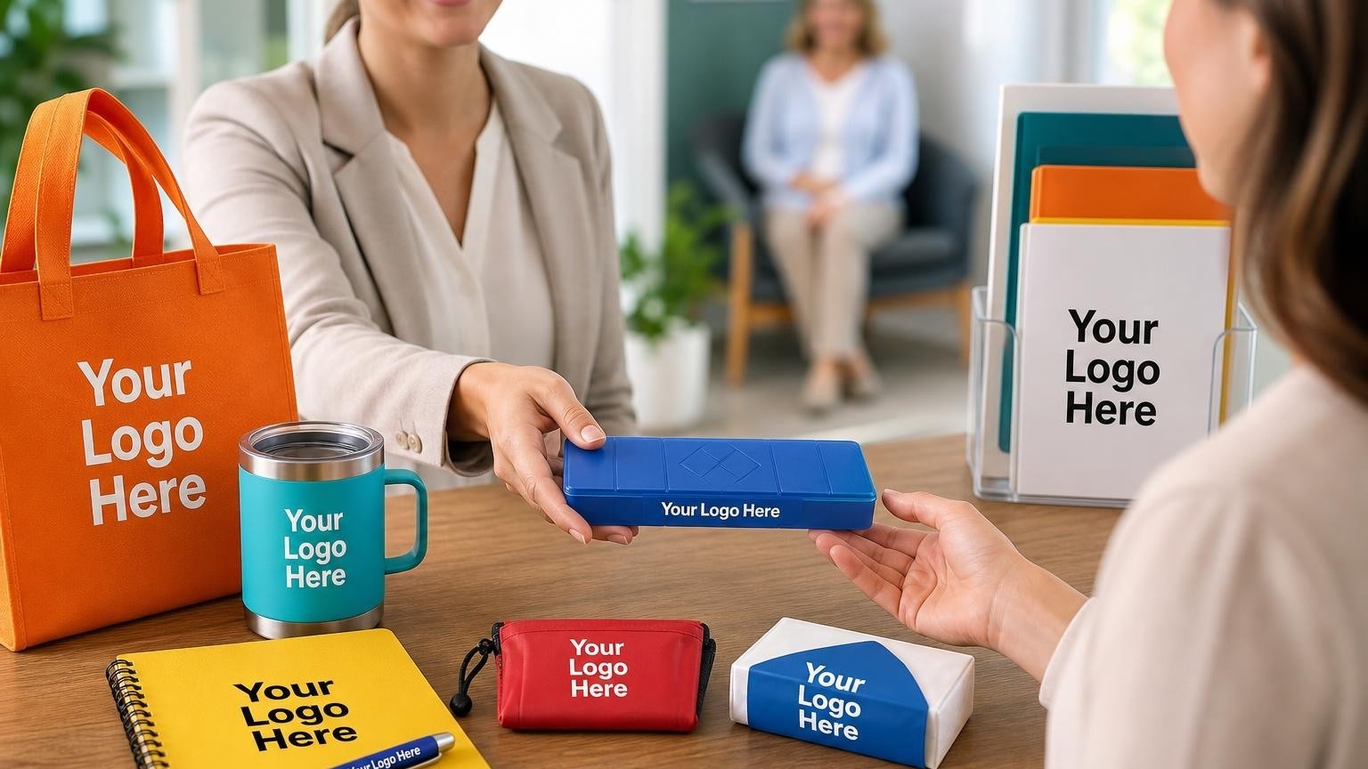 A custom-printed weekly pill organizer being handed to a patient at an allergy clinic reception desk.