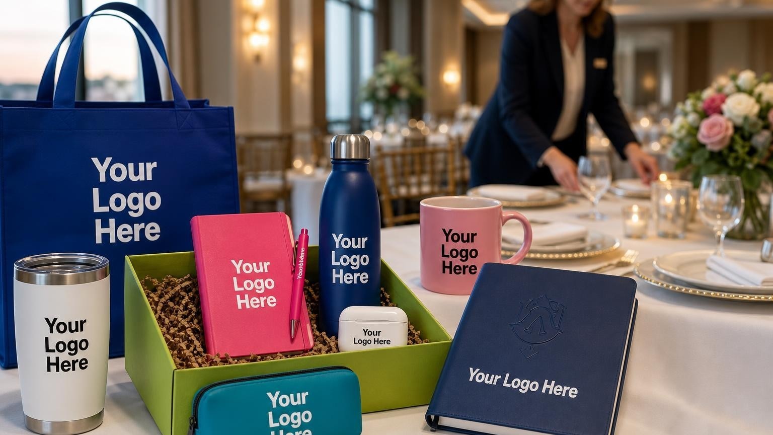 A custom debossed navy leather journal and metal pen placed neatly on a formal dinner table ahead of an alumni fundraising event.