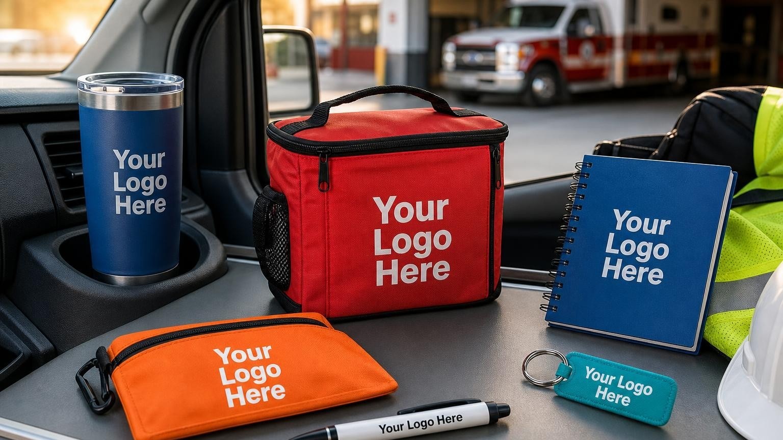 A custom insulated stainless steel tumbler sitting in an ambulance cup holder inside the cab, with a blurred emergency vehicle in the background.