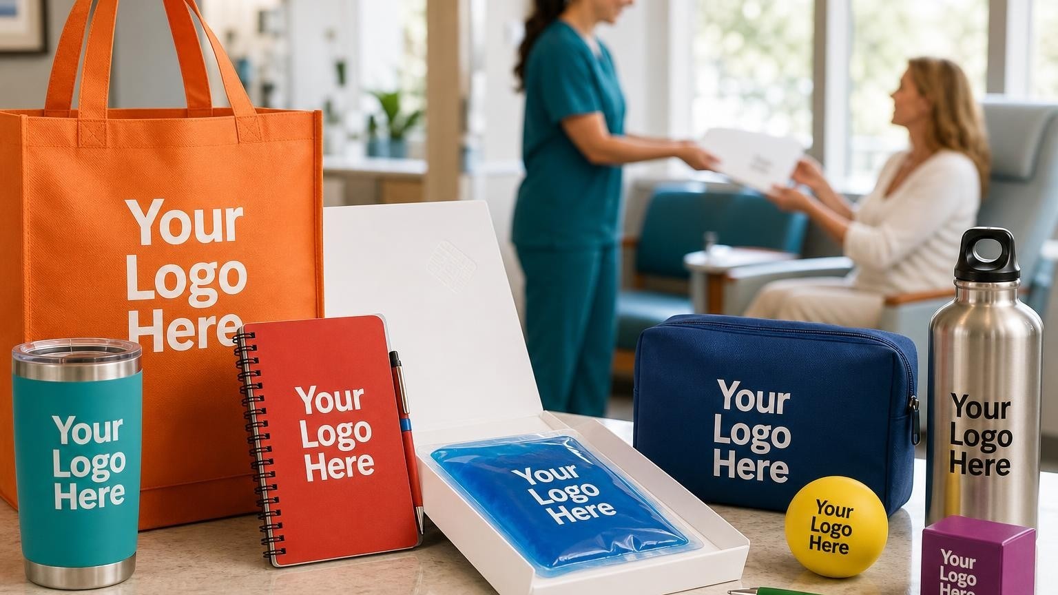 A custom cold gel pack inside a patient discharge folder on a clinical counter in an ambulatory care center.