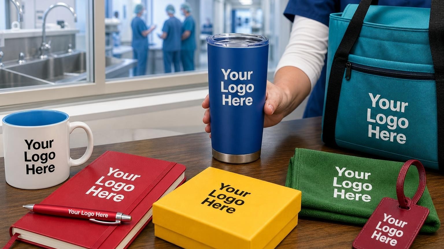 A high-end insulated travel tumbler with a subtle custom emblem on an administrator's desk in a modern surgical center.