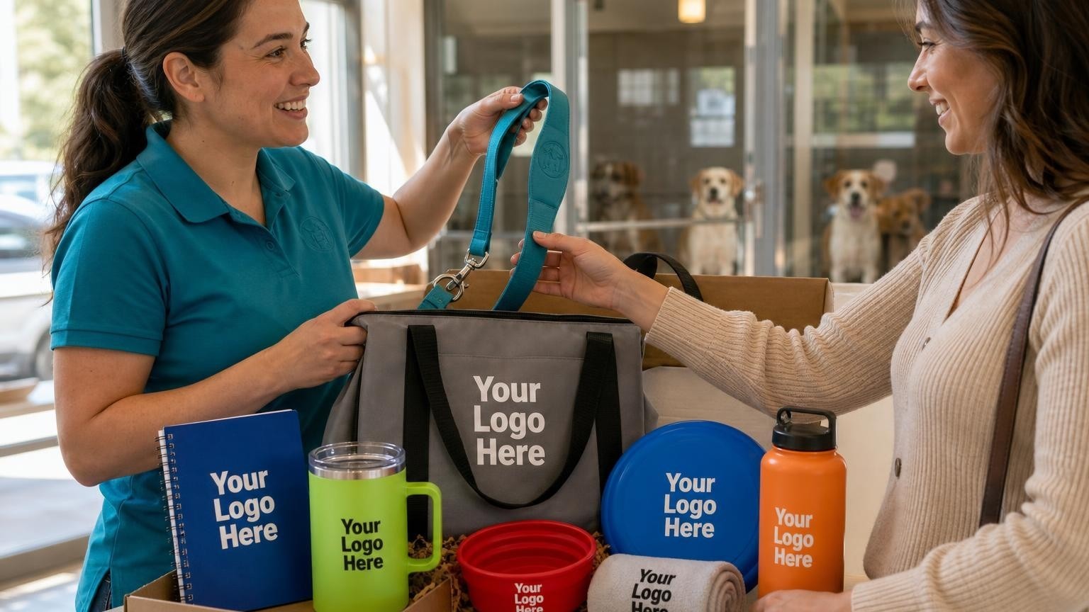 An adoption coordinator hands a custom teal dog leash to a new adopter in a bright shelter lobby.
