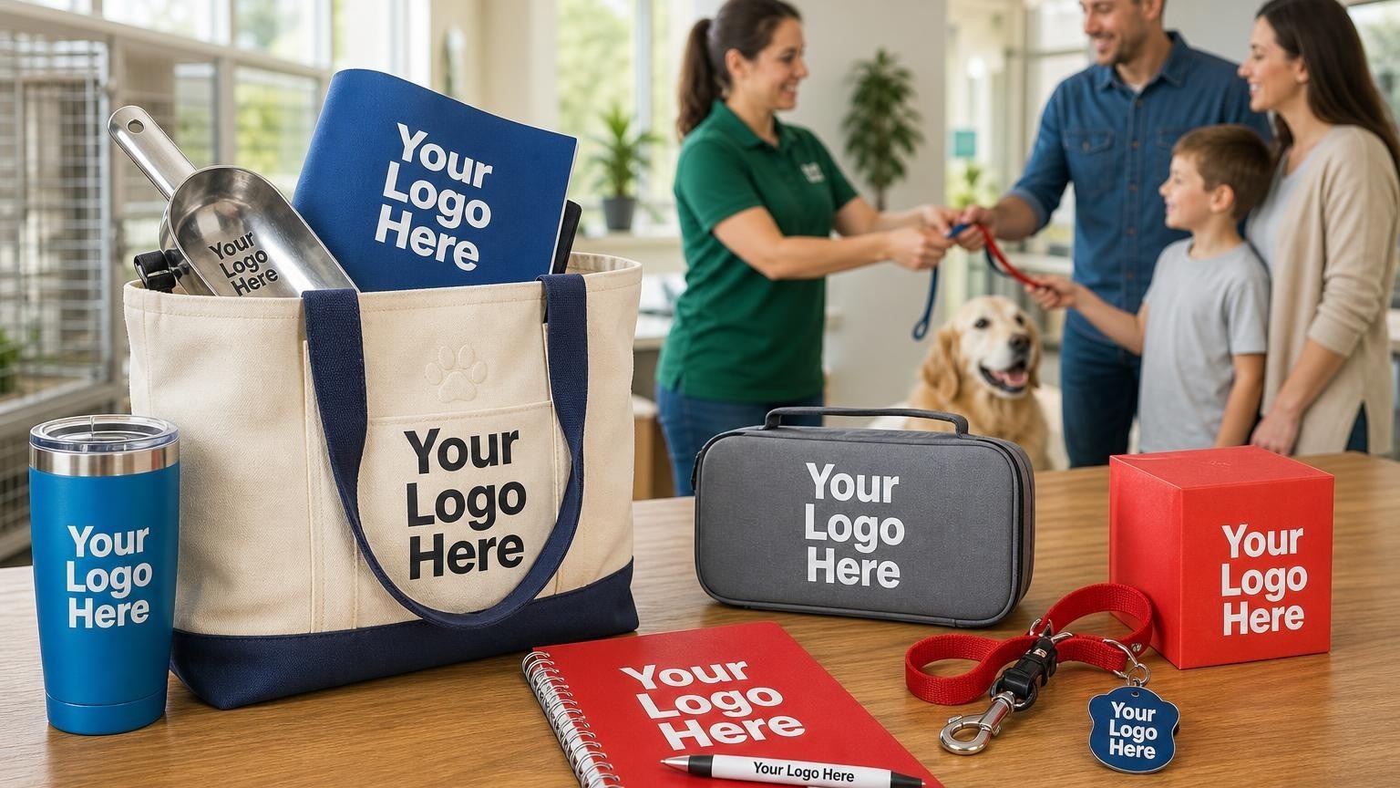 A custom canvas welcome tote bag with a debossed paw print emblem on a shelter counter, with an adoption coordinator and family in the background.