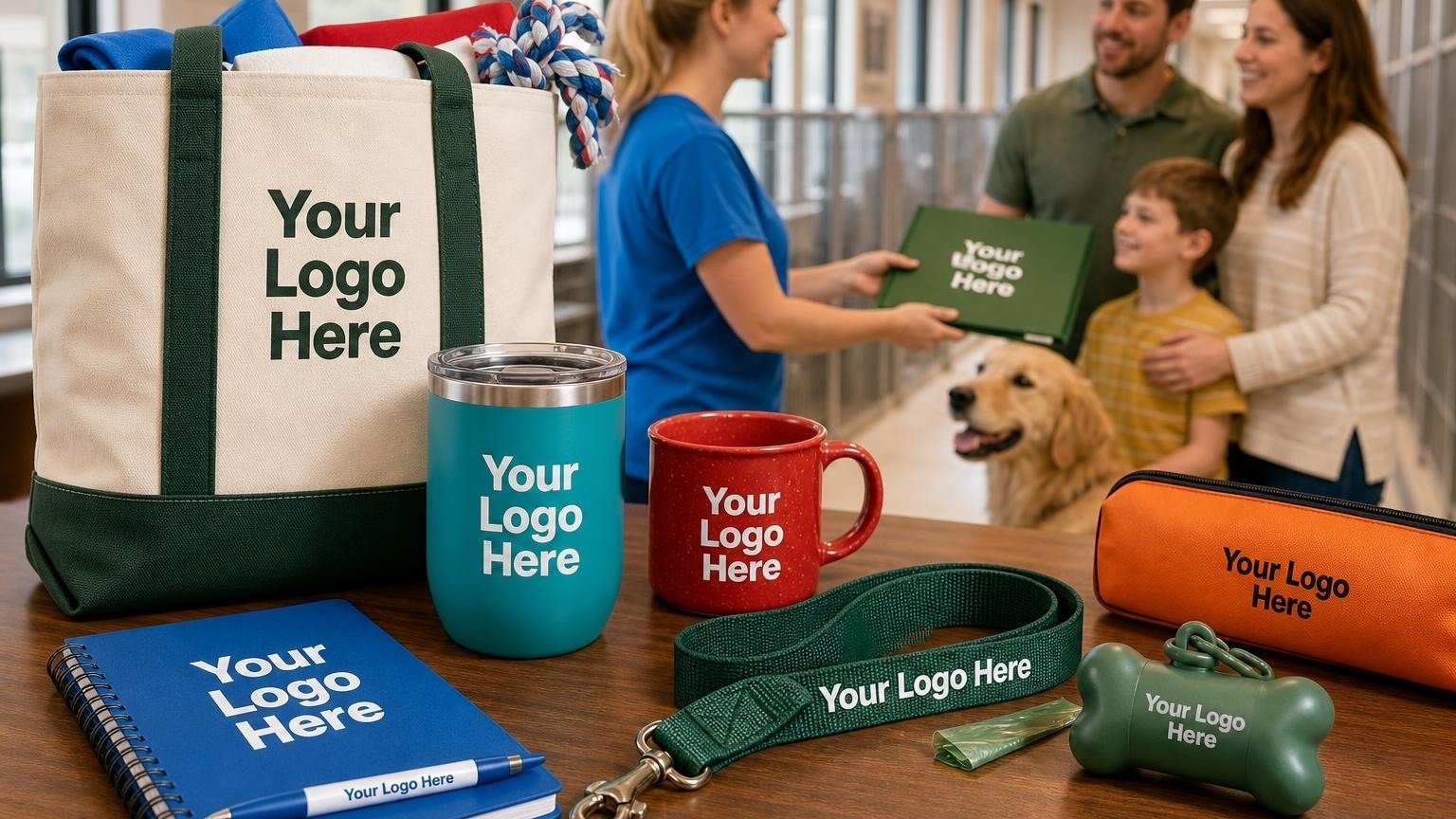 A custom pet leash and waste bag dispenser on a shelter counter as a volunteer hands adoption papers to a family.