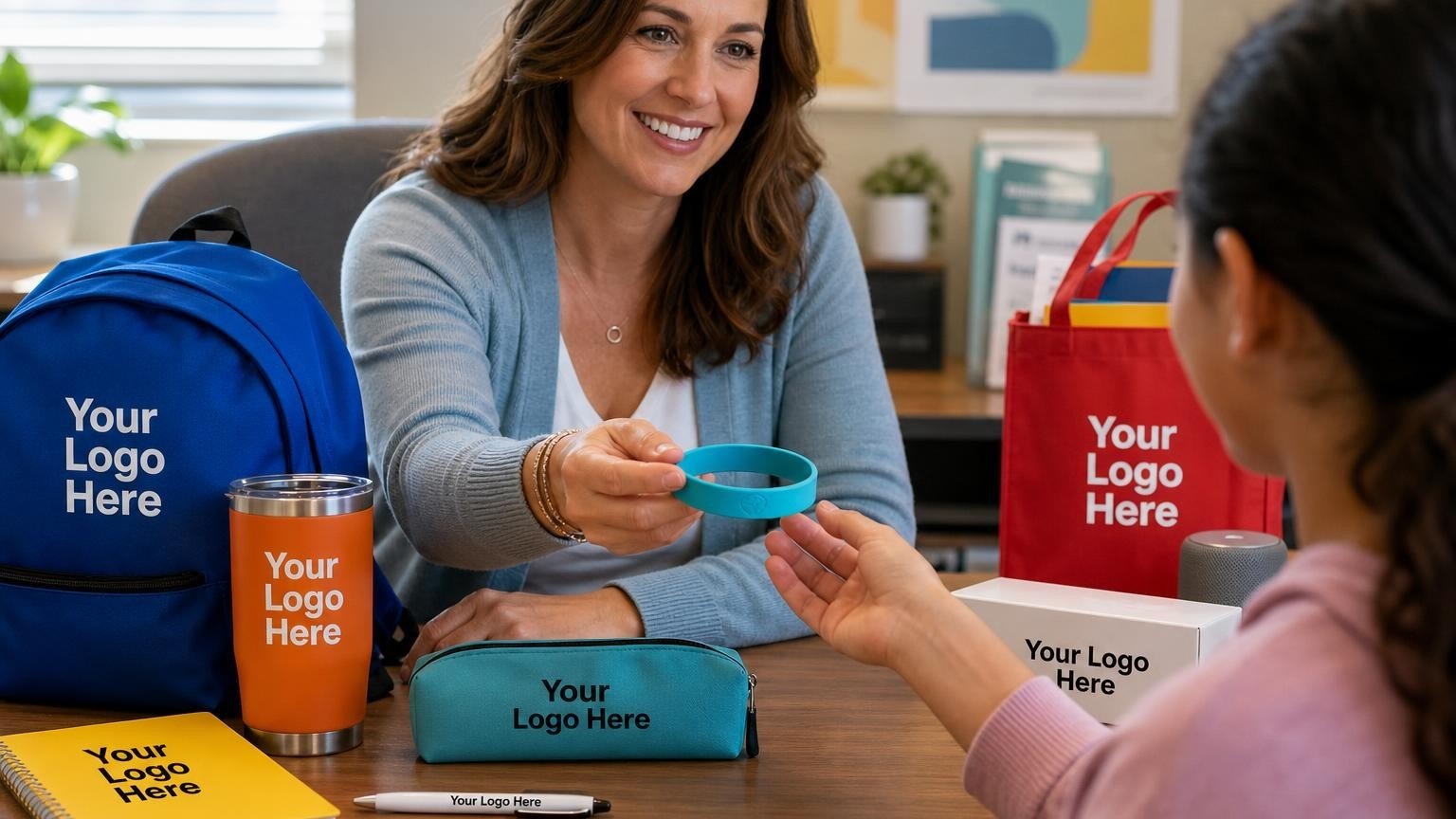A school counselor handing a custom debossed silicone wristband to a student in a supportive, brightly lit office environment.