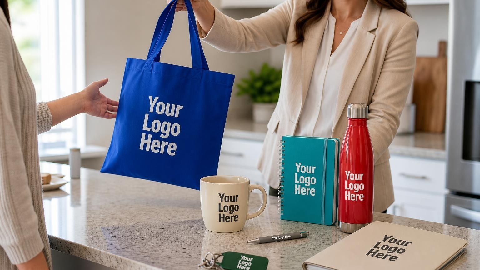 A custom ceramic mug and welcome folder on an apartment kitchen counter during move-in day.