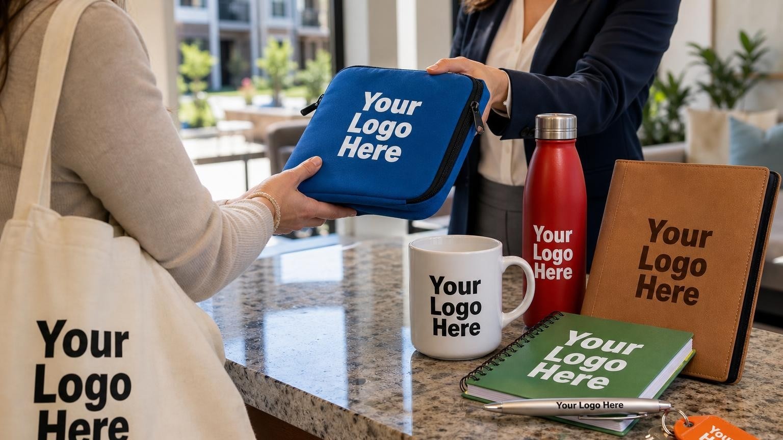 A custom ceramic coffee mug and apartment keys on a kitchen counter, welcoming a new resident on move-in day.