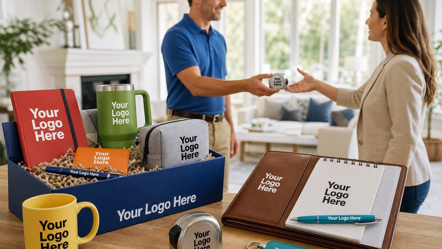 A custom-branded steel-cased measuring tape resting on a kitchen counter during a home appraisal inspection walkthrough.