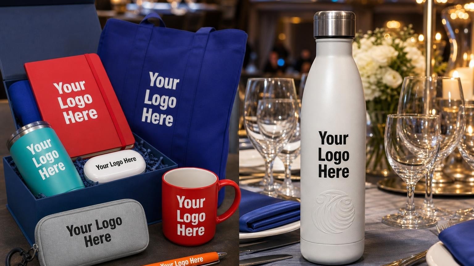 A premium ocean-bound plastic water bottle with a subtle custom emblem set on a formal gala dinner table, representing sustainable donor gifts.