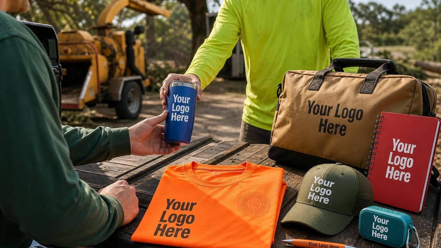 A professional high-visibility arborist crew shirt folded on the tailgate of a work truck on a sunny morning.