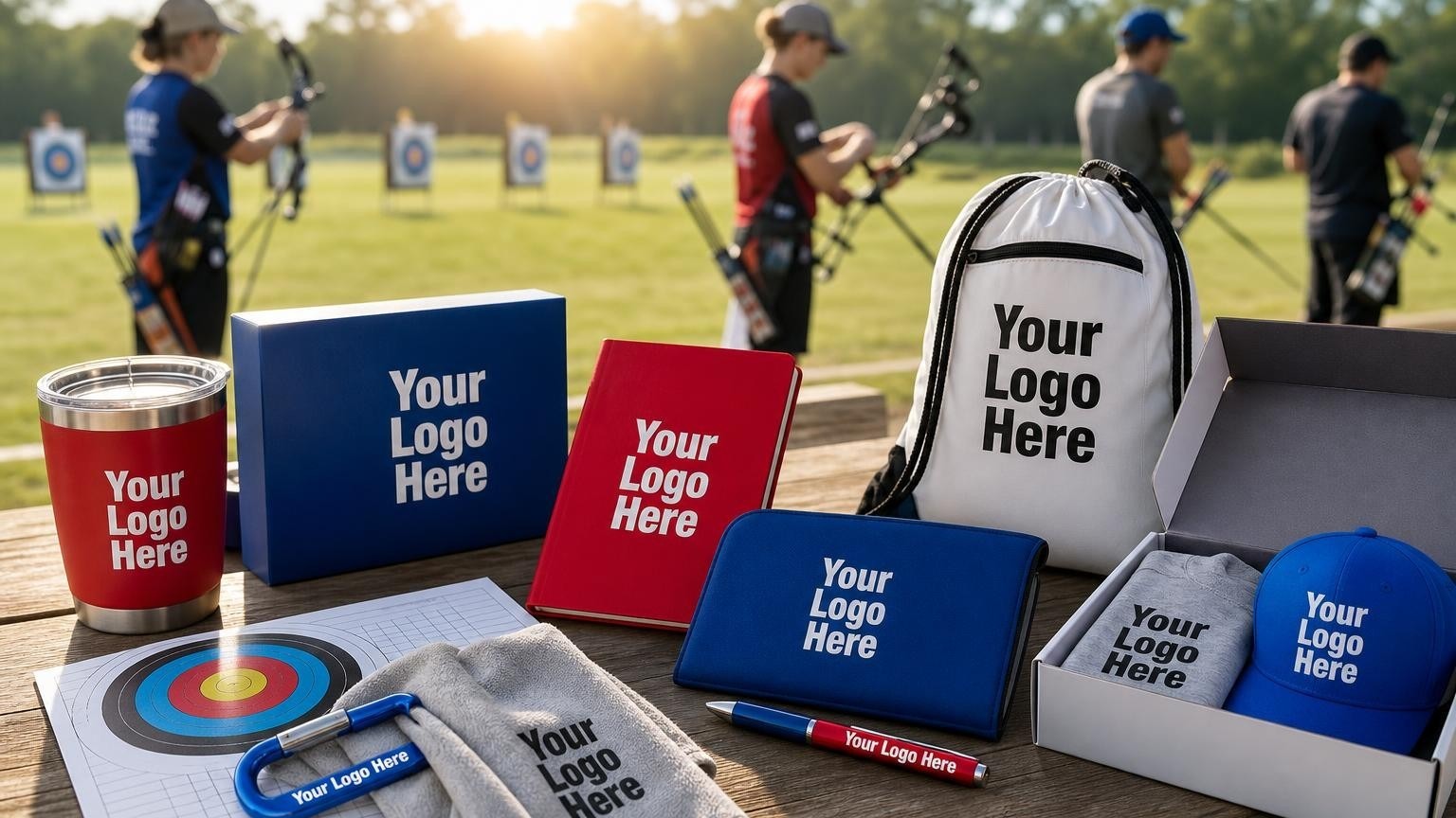 A custom archery target towel with a carabiner and a printed scorecard on a wooden registration table at an outdoor range.