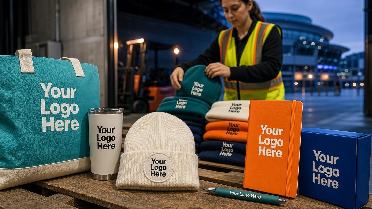 Custom branded knit beanies stacked on a pallet in an arena loading dock, ready for game-day distribution.