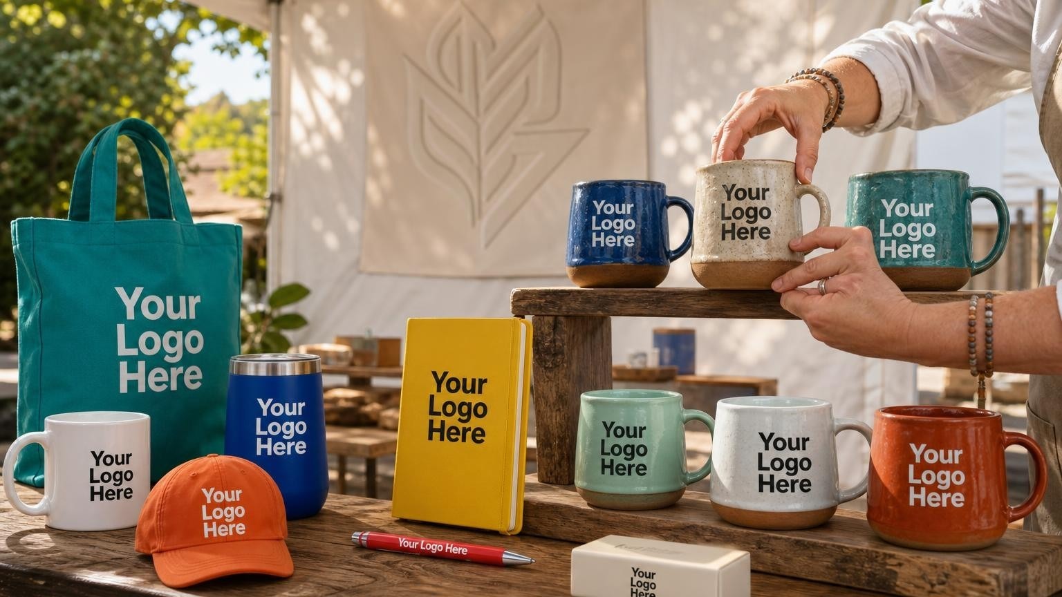 A custom vinyl banner hanging behind a display of handmade ceramic mugs inside an outdoor art fair booth.