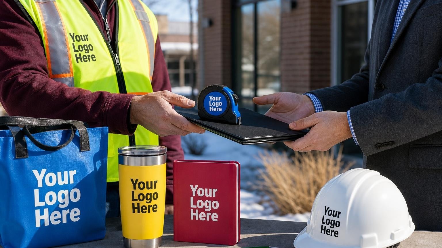 A custom tape measure and site assessment binder being handed to a commercial property manager outside an office building.