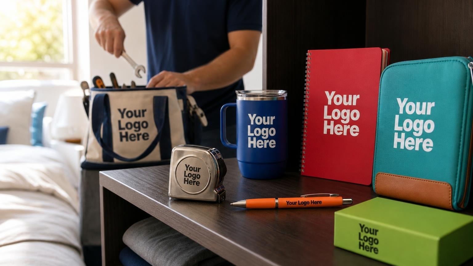 A custom steel tape measure resting on a newly assembled wardrobe shelf with a technician in a branded polo shirt in the soft-focus background.