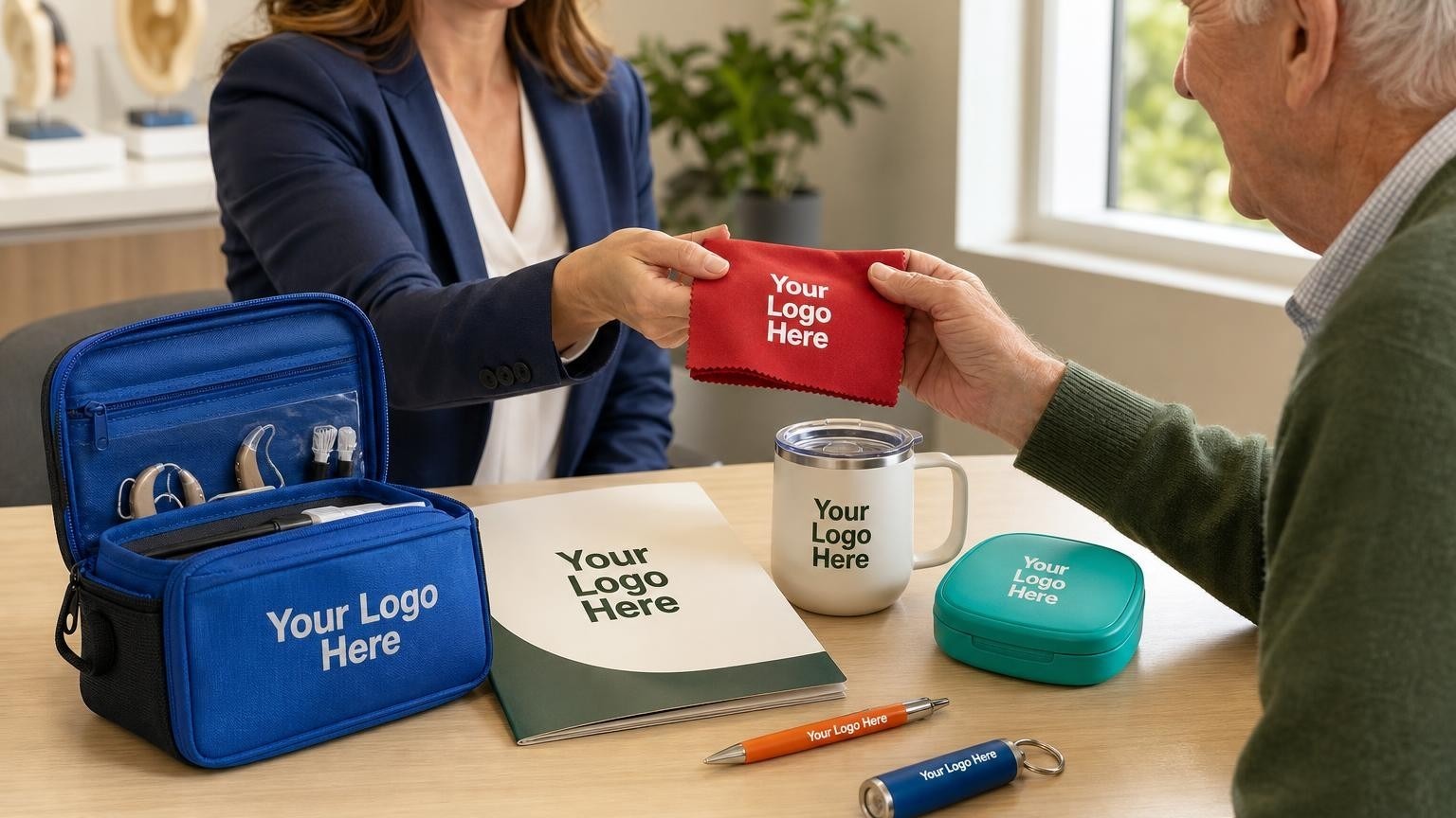 A custom blue zippered device care pouch resting on an audiology consultation desk as a clinician hands a high-contrast cleaning cloth to a senior patient.