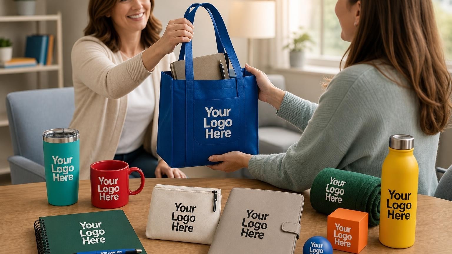 An intake coordinator handing a soft-touch welcome tote bag containing a matte journal and silent pen to a parent in a quiet consultation room.