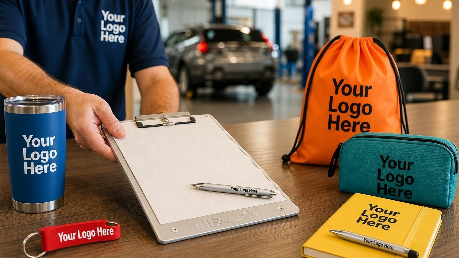 A high-grade aluminum clipboard and a heavy-duty stylus pen resting on the clean customer counter of a modern auto body shop lobby, with blurred vehicle repair bays visible in the background.