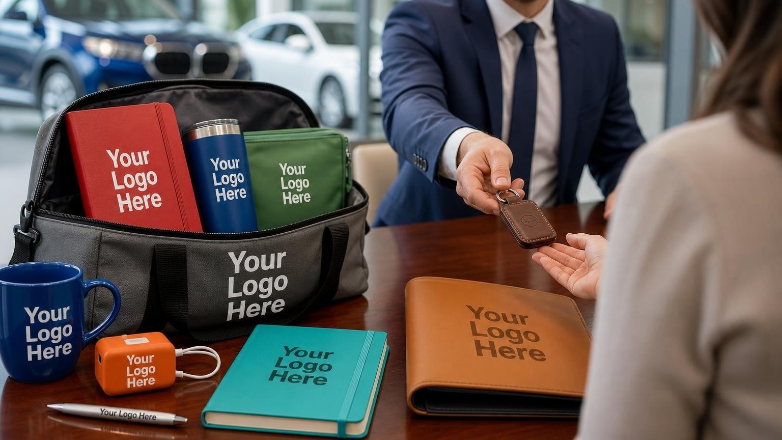 A premium leather key fob cover being handed over on a polished mahogany desk in a dealership finance office.