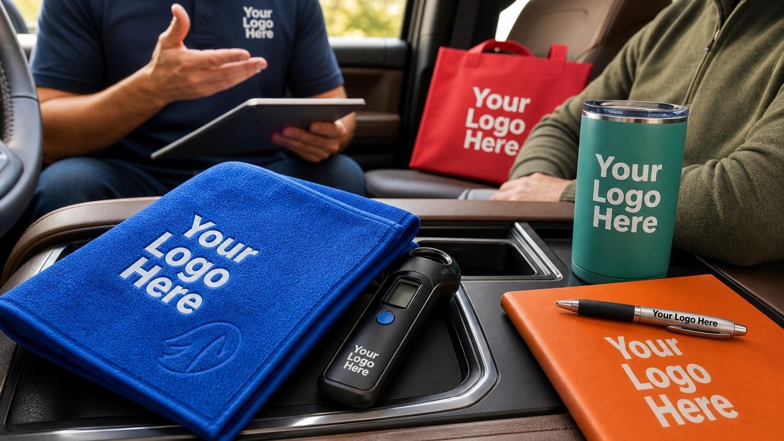 A custom blue microfiber cloth and digital tire pressure gauge placed inside the center console of a detailed SUV.