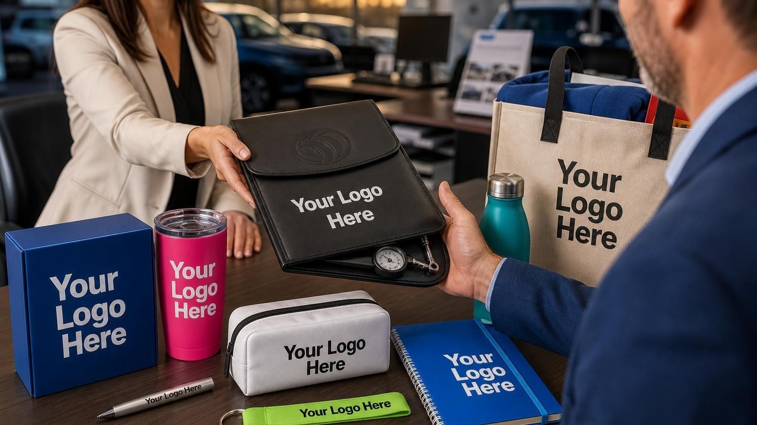 A professional dealer relations manager sliding a custom debossed document holder across an F&I manager's desk in a busy dealership office.