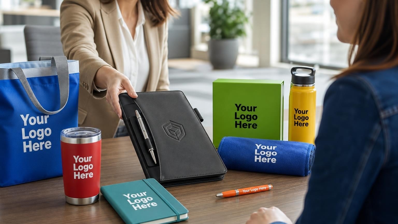 A custom black glovebox document organizer and tire pressure gauge being presented to a customer on a desk inside a local auto insurance agency.