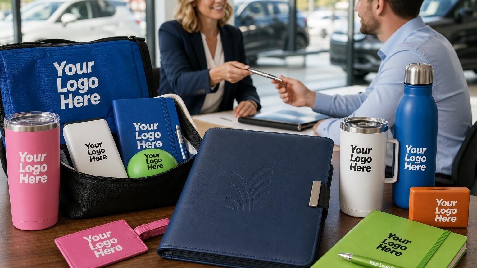 A custom leatherette document holder sits on a dealership finance desk while a dealer relations manager hands a weighted metal pen to an F&I manager in the background.