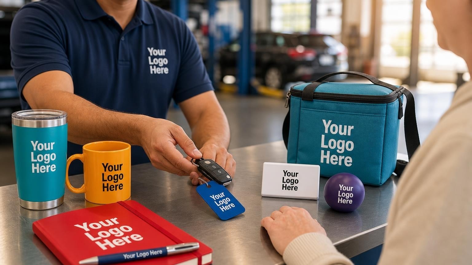 A custom flexible vinyl key tag attached to a car key fob on an auto repair shop counter.