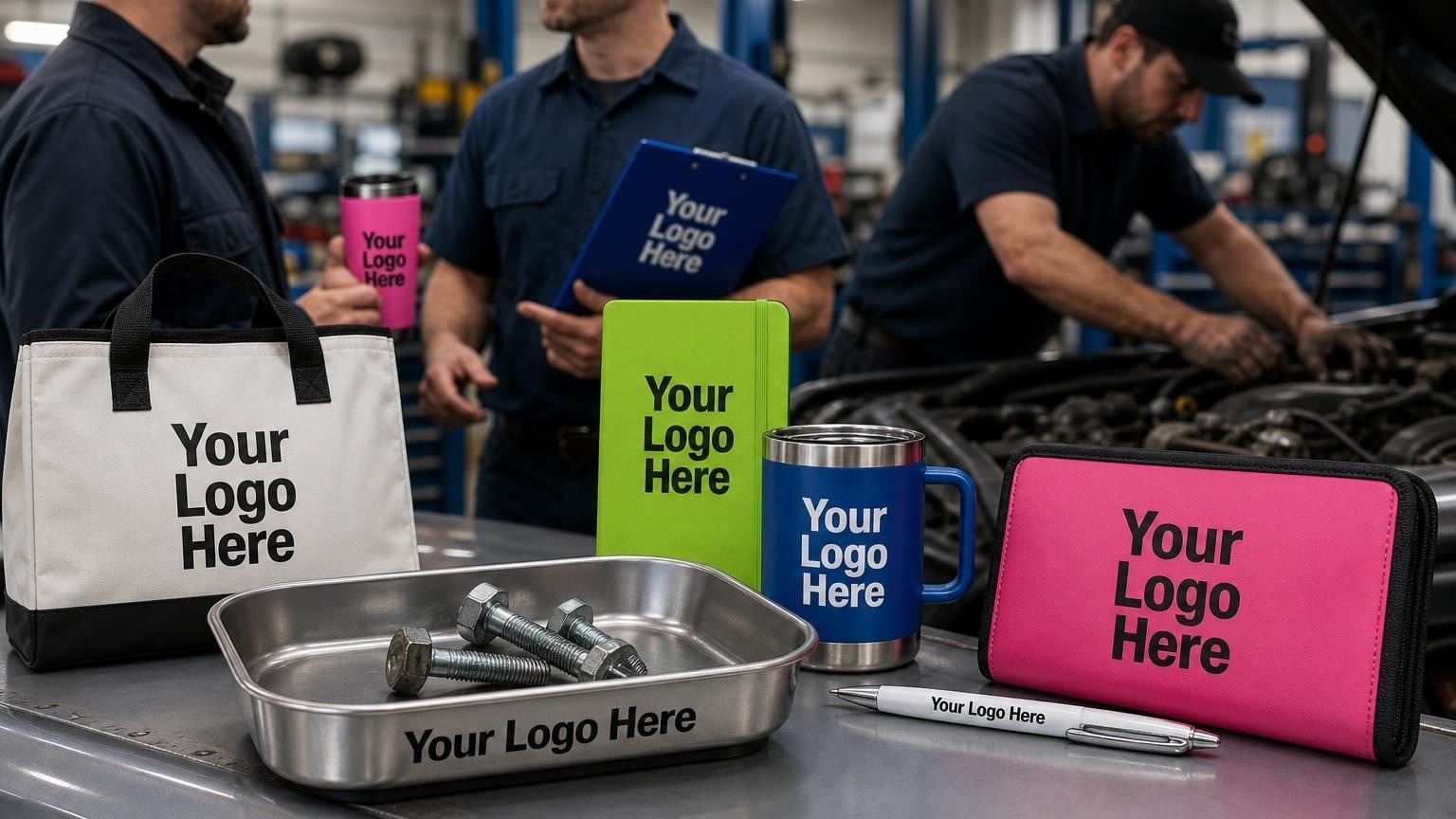 A custom branded magnetic parts tray holding bolts on a car fender in a busy mechanic's bay.