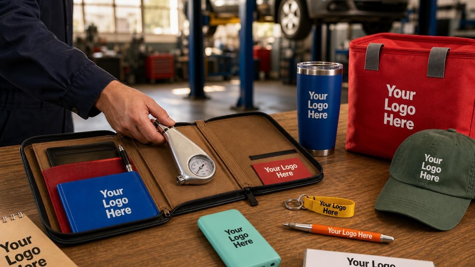 A custom tire pressure gauge and document holder on an auto repair shop service counter with a vehicle lift blurred in the background.