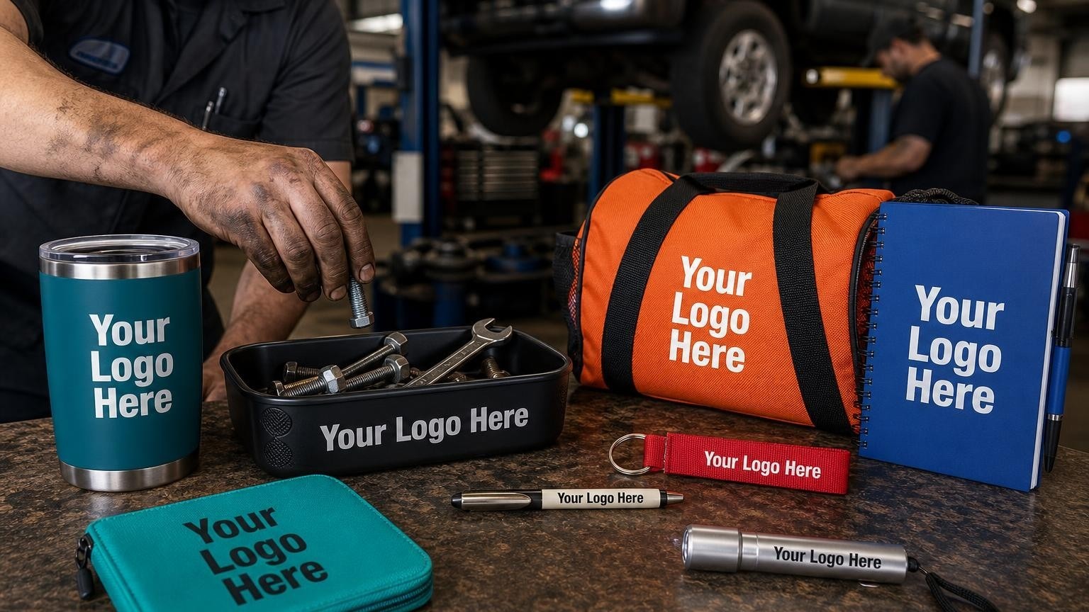 A branded magnetic parts tray holding bolts on a tool cart in a busy mechanic's bay.