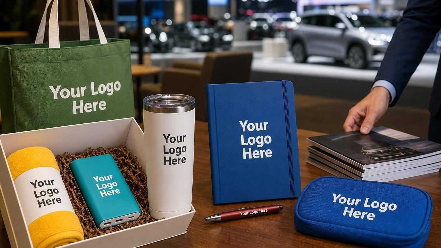 A custom insulated travel tumbler sitting on a wooden table inside a quiet auto show VIP lounge, with the blurred exhibition floor visible in the background.