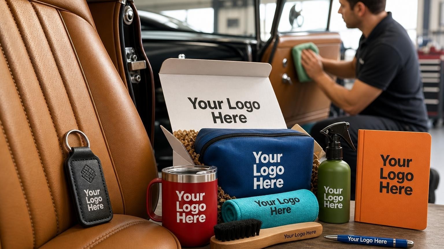 A high-grade custom embossed leather key tag resting on a newly restored tan leather car seat inside an auto upholstery shop.
