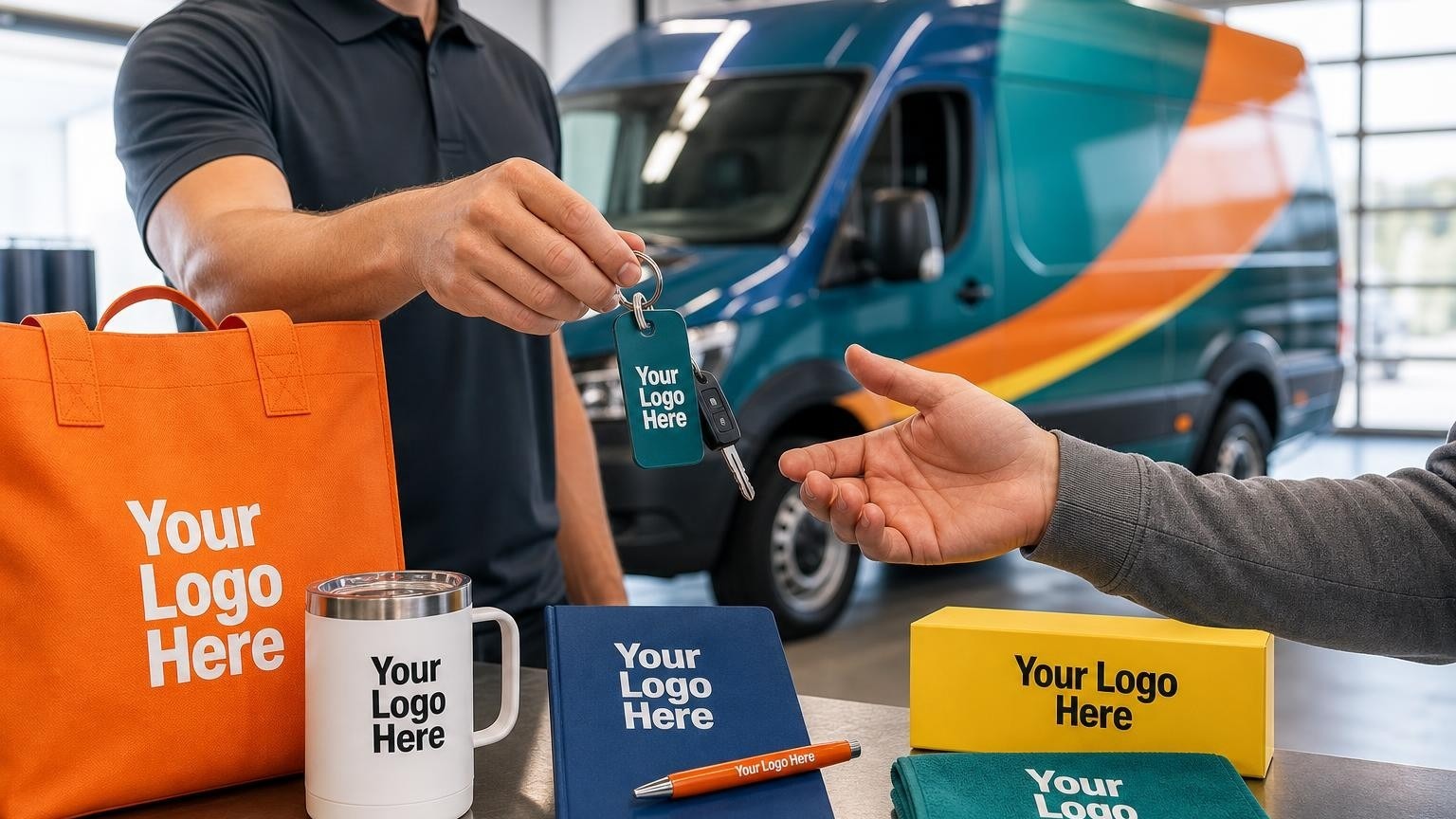 A custom metal key tag being handed over in a clean auto wrap shop bay with a wrapped commercial van in the background.